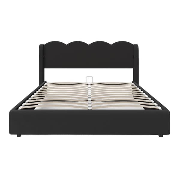 Blød polstret sengeramme 160x200 cm – Bølgeformet sengeramme med lavt fløjl med LED-lys, USB + C-opladning, stor opbevaring, sort dobbeltseng