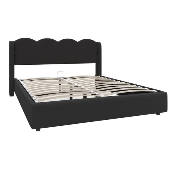 Blød polstret sengeramme 160x200 cm – Bølgeformet sengeramme med lavt fløjl med LED-lys, USB + C-opladning, stor opbevaring, sort dobbeltseng