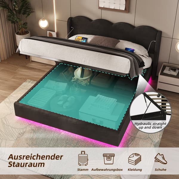 Blød polstret sengeramme 160x200 cm – Bølgeformet sengeramme med lavt fløjl med LED-lys, USB + C-opladning, stor opbevaring, sort dobbeltseng