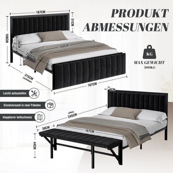 Polstringsbit 160x200 cm med sammenklappelig endebænk – multifunktionelt sengestel i jern med opbevaring, fløjl, sort dobbeltseng