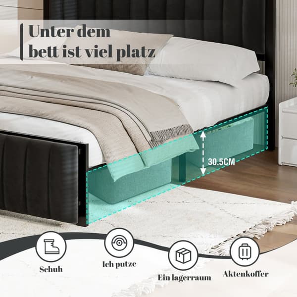 Polstringsbit 160x200 cm med sammenklappelig endebænk – multifunktionelt sengestel i jern med opbevaring, fløjl, sort dobbeltseng