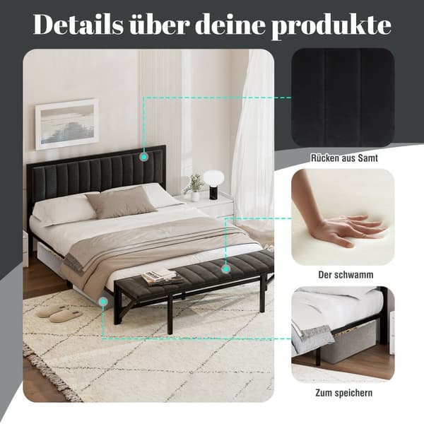 Polstringsbit 160x200 cm med sammenklappelig endebænk – multifunktionelt sengestel i jern med opbevaring, fløjl, sort dobbeltseng