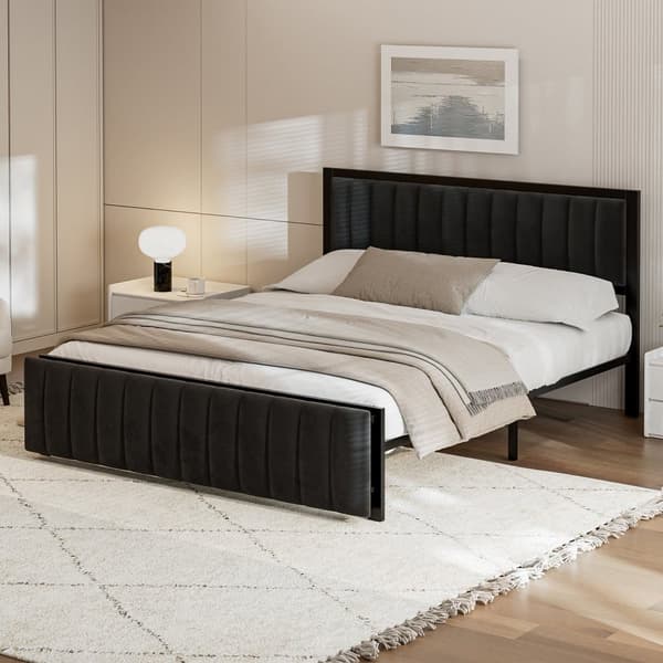 Polstringsbit 160x200 cm med sammenklappelig endebænk – multifunktionelt sengestel i jern med opbevaring, fløjl, sort dobbeltseng
