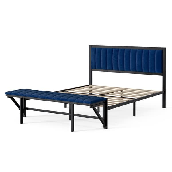 Polsterbett 160x200 cm med klappbar ändbänk – multifunktionssäng i blå sammet med förvaring, järnsängram, dubbelsäng för ungdom och vuxen