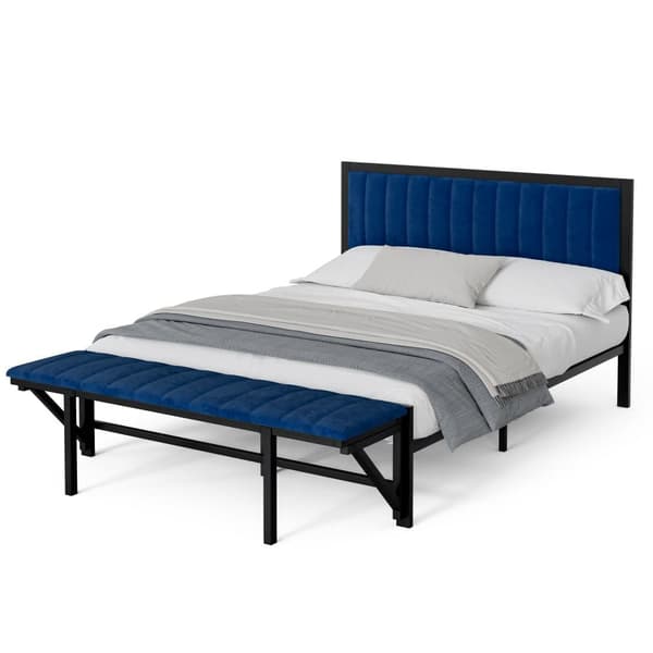 Polsterbett 160x200 cm med klappbar ändbänk – multifunktionssäng i blå sammet med förvaring, järnsängram, dubbelsäng för ungdom och vuxen