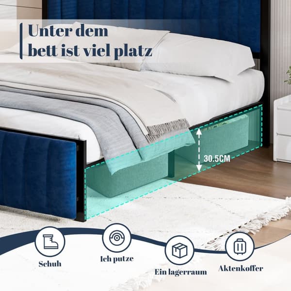Polsterbett 160x200 cm med klappbar ändbänk – multifunktionssäng i blå sammet med förvaring, järnsängram, dubbelsäng för ungdom och vuxen