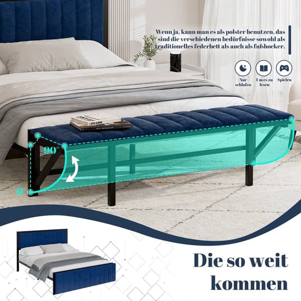 Polsterbett 160x200 cm med klappbar ändbänk – multifunktionssäng i blå sammet med förvaring, järnsängram, dubbelsäng för ungdom och vuxen