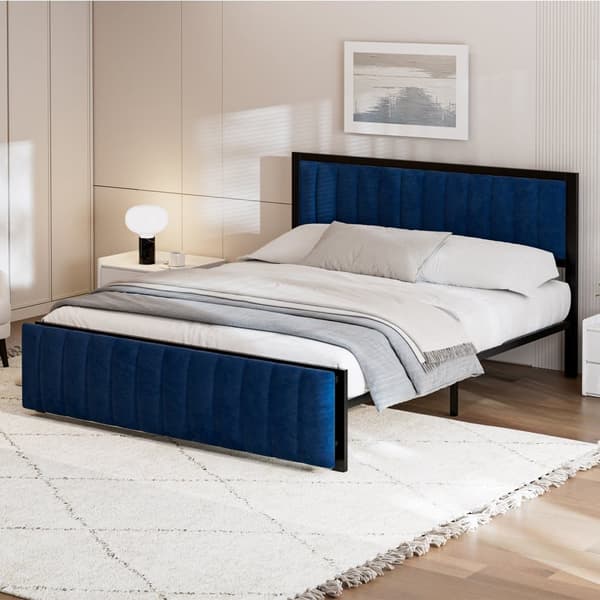 Polsterbett 160x200 cm med klappbar ändbänk – multifunktionssäng i blå sammet med förvaring, järnsängram, dubbelsäng för ungdom och vuxen