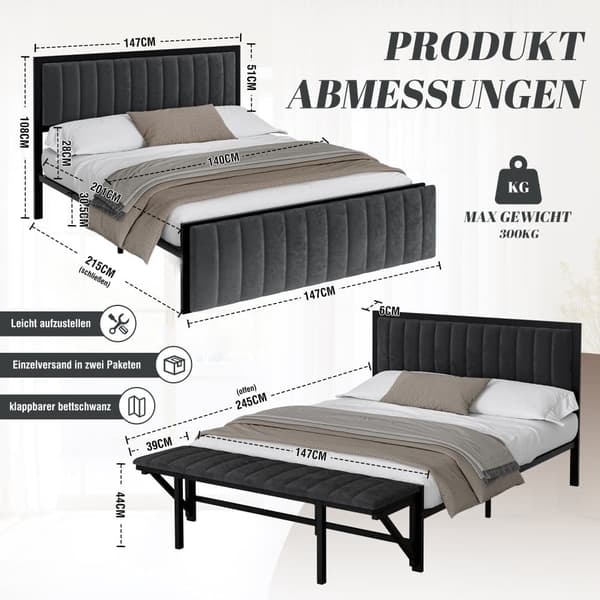 Polstret seng 140x200 cm med sammenklappelig fodskammel, fløjlsseng, jernstel, multifunktionel dobbeltseng til teenagere og voksne, mørkegrå