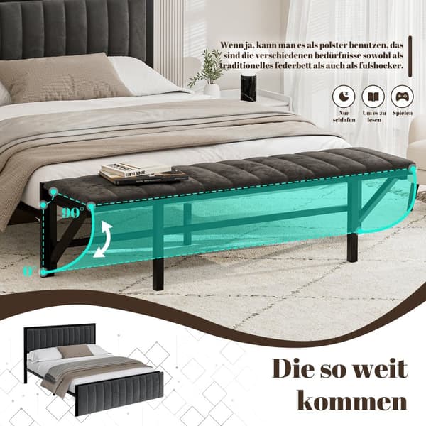 Polstret seng 140x200 cm med sammenklappelig fodskammel, fløjlsseng, jernstel, multifunktionel dobbeltseng til teenagere og voksne, mørkegrå