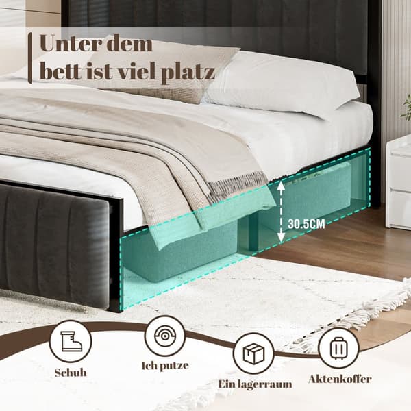 Polstret seng 140x200 cm med sammenklappelig fodskammel, fløjlsseng, jernstel, multifunktionel dobbeltseng til teenagere og voksne, mørkegrå