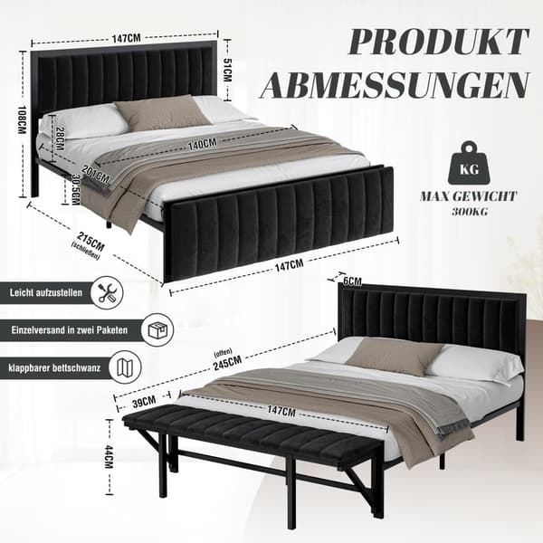 Polstret seng 140x200 cm med sammenklappelig fodskammel, sort fløjlsseng med opbevaring, jernstel, dobbeltseng til teenagere og voksne