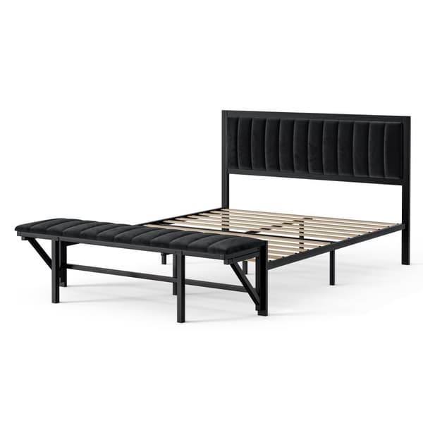 Polstret seng 140x200 cm med sammenklappelig fodskammel, sort fløjlsseng med opbevaring, jernstel, dobbeltseng til teenagere og voksne