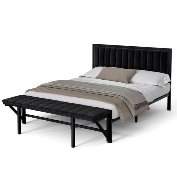 Polstret seng 140x200 cm med sammenklappelig fodskammel, sort fløjlsseng med opbevaring, jernstel, dobbeltseng til teenagere og voksne