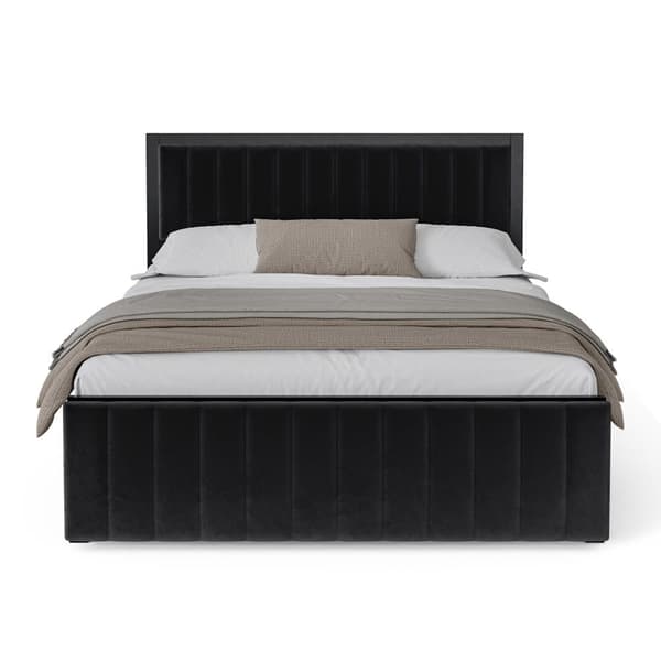 Polstret seng 140x200 cm med sammenklappelig fodskammel, sort fløjlsseng med opbevaring, jernstel, dobbeltseng til teenagere og voksne