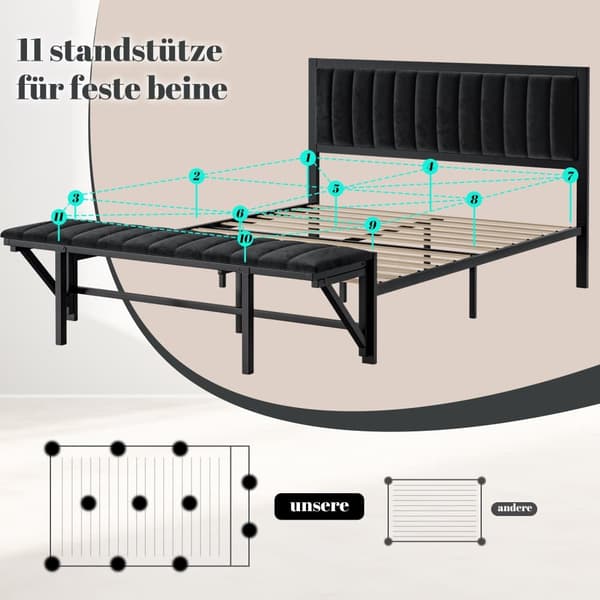 Polstret seng 140x200 cm med sammenklappelig fodskammel, sort fløjlsseng med opbevaring, jernstel, dobbeltseng til teenagere og voksne