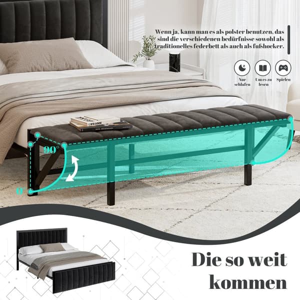 Polstret seng 140x200 cm med sammenklappelig fodskammel, sort fløjlsseng med opbevaring, jernstel, dobbeltseng til teenagere og voksne