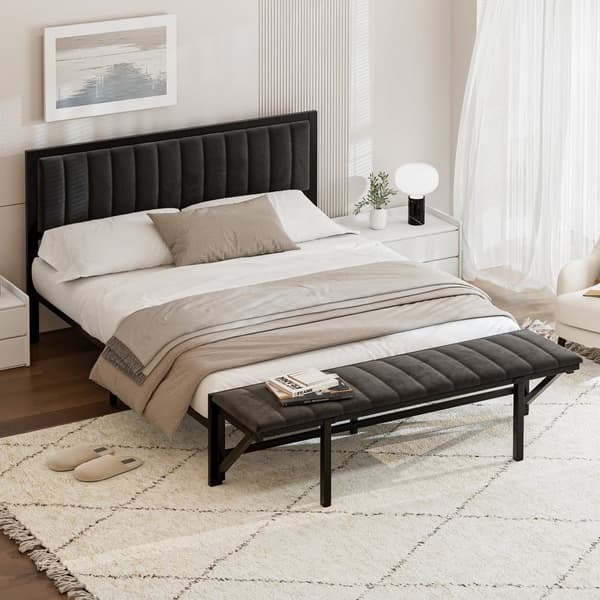 Polstret seng 140x200 cm med sammenklappelig fodskammel, sort fløjlsseng med opbevaring, jernstel, dobbeltseng til teenagere og voksne