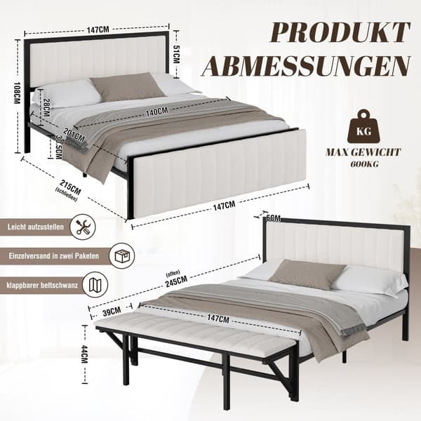 Polstret seng 140x200 cm i beige fløjl med sammenklappelig fodskammel – Dobbeltseng med opbevaring og jernstel, til voksne og teenagere