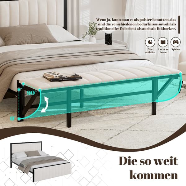 Polstret seng 140x200 cm i beige fløjl med sammenklappelig fodskammel – Dobbeltseng med opbevaring og jernstel, til voksne og teenagere