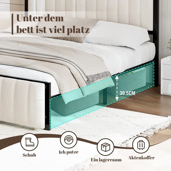 Polstret seng 140x200 cm i beige fløjl med sammenklappelig fodskammel – Dobbeltseng med opbevaring og jernstel, til voksne og teenagere