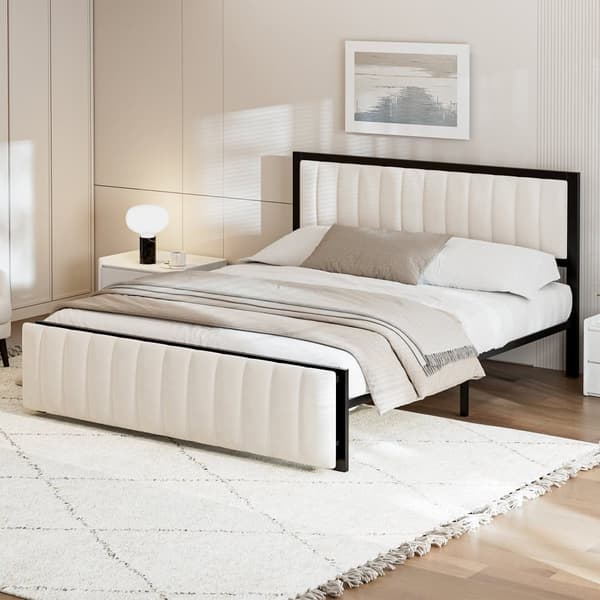 Polstret seng 140x200 cm i beige fløjl med sammenklappelig fodskammel – Dobbeltseng med opbevaring og jernstel, til voksne og teenagere