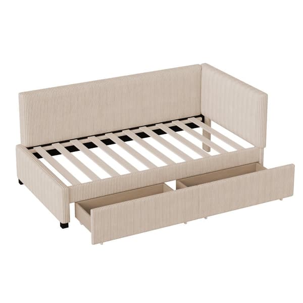 Polstret seng med opbevaring 90x200 cm – Multifunktionel sovesofa med 2 store skuffer og lamelbund, betrukket med hudvenligt fløjlsstof – Beige