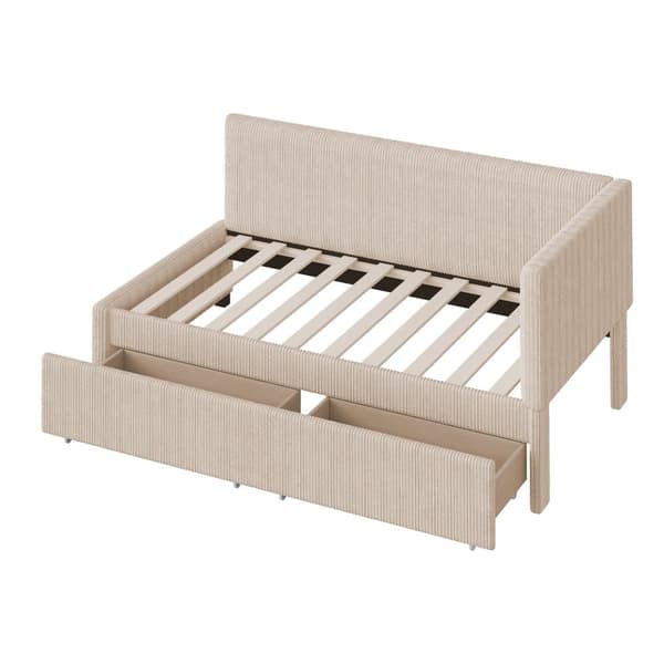 Polstret seng med opbevaring 90x200 cm – Multifunktionel sovesofa med 2 store skuffer og lamelbund, betrukket med hudvenligt fløjlsstof – Beige