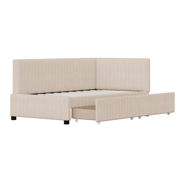 Polstret seng med opbevaring 90x200 cm – Multifunktionel sovesofa med 2 store skuffer og lamelbund, betrukket med hudvenligt fløjlsstof – Beige