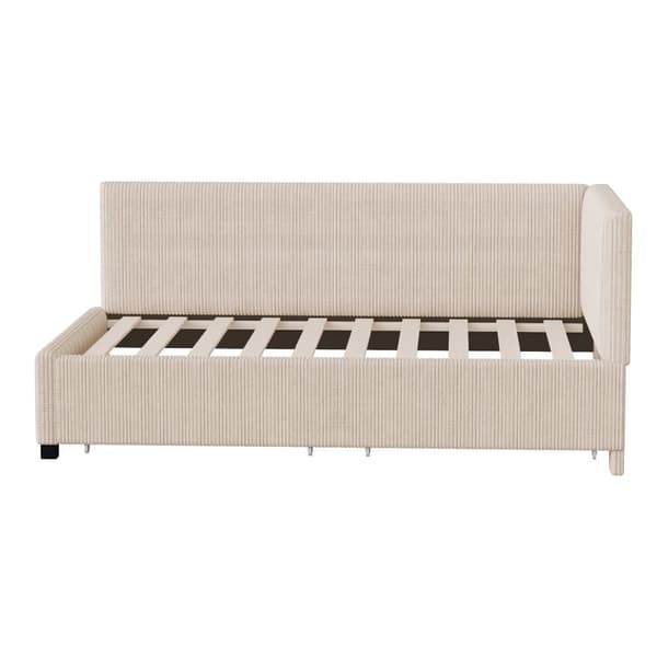 Polstret seng med opbevaring 90x200 cm – Multifunktionel sovesofa med 2 store skuffer og lamelbund, betrukket med hudvenligt fløjlsstof – Beige