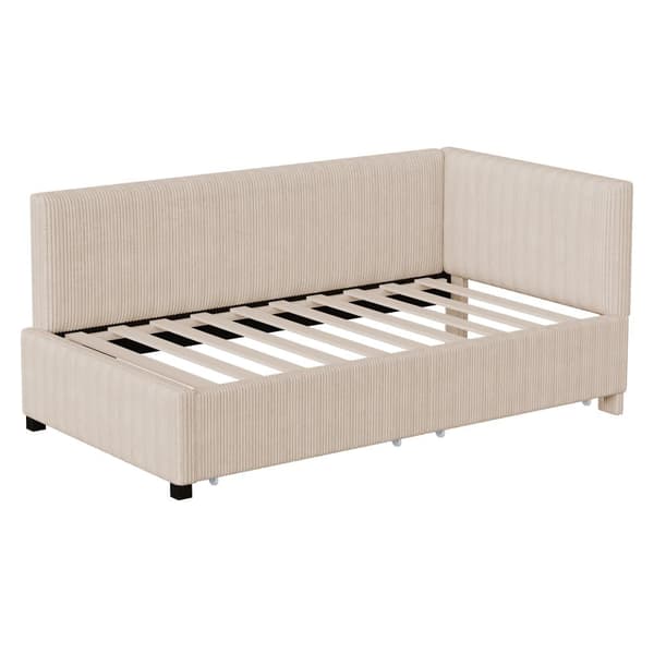 Polstret seng med opbevaring 90x200 cm – Multifunktionel sovesofa med 2 store skuffer og lamelbund, betrukket med hudvenligt fløjlsstof – Beige
