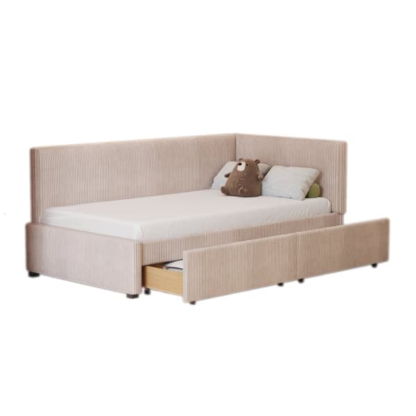 Polstret seng med opbevaring 90x200 cm – Multifunktionel sovesofa med 2 store skuffer og lamelbund, betrukket med hudvenligt fløjlsstof – Beige