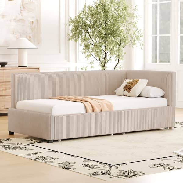 Polstret seng med opbevaring 90x200 cm – Multifunktionel sovesofa med 2 store skuffer og lamelbund, betrukket med hudvenligt fløjlsstof – Beige
