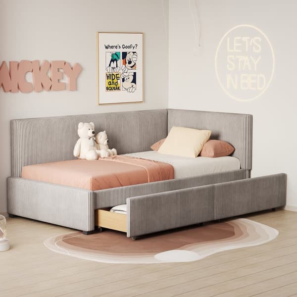 Polstret seng/Sovesofa 90x200 cm i velour – Grå daybed med lamelbund og 2 store opbevaringsbokse – Multifunktionel gæsteseng