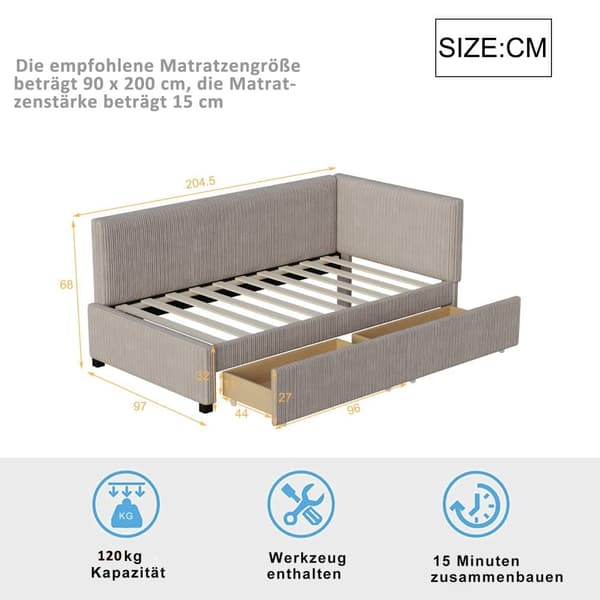 Polstret seng/Sovesofa 90x200 cm i velour – Grå daybed med lamelbund og 2 store opbevaringsbokse – Multifunktionel gæsteseng