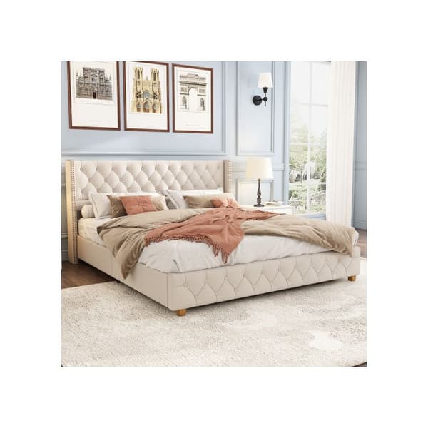 Säng med klädda sänggavlar 160*200 cm, med ribbade sängbottnar, träben, linne, beige
