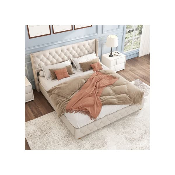 Säng med klädda sänggavlar 160*200 cm, med ribbade sängbottnar, träben, linne, beige