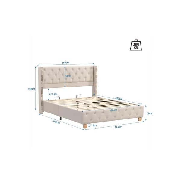 Säng med klädda sänggavlar 160*200 cm, med ribbade sängbottnar, träben, linne, beige