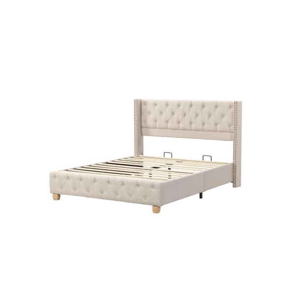 Säng med klädda sänggavlar 160*200 cm, med ribbade sängbottnar, träben, linne, beige