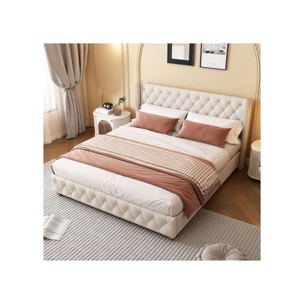 Säng med klädda sänggavlar 160*200 cm, med ribbade sängbottnar, träben, linne, beige