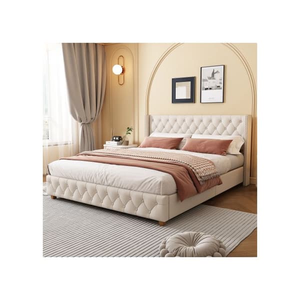Säng med klädda sänggavlar 160*200 cm, med ribbade sängbottnar, träben, linne, beige