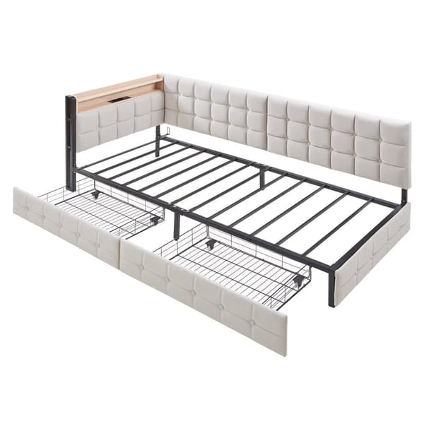 Sovesofa med opbevaring, LED-lyskæde og stikkontakt – Sovesofa med 2 skuffer, USB, Type-C, fjernbetjening RGB-belysning og stabil metalramme – Beige