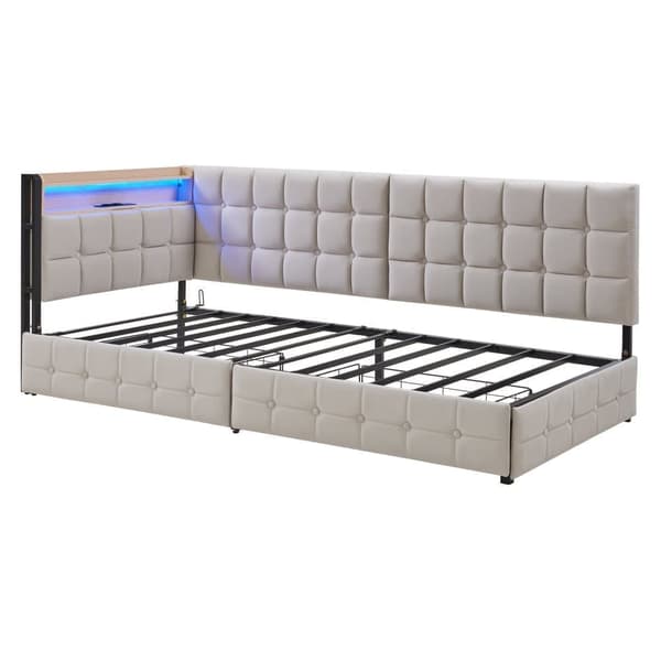 Sovesofa med opbevaring, LED-lyskæde og stikkontakt – Sovesofa med 2 skuffer, USB, Type-C, fjernbetjening RGB-belysning og stabil metalramme – Beige