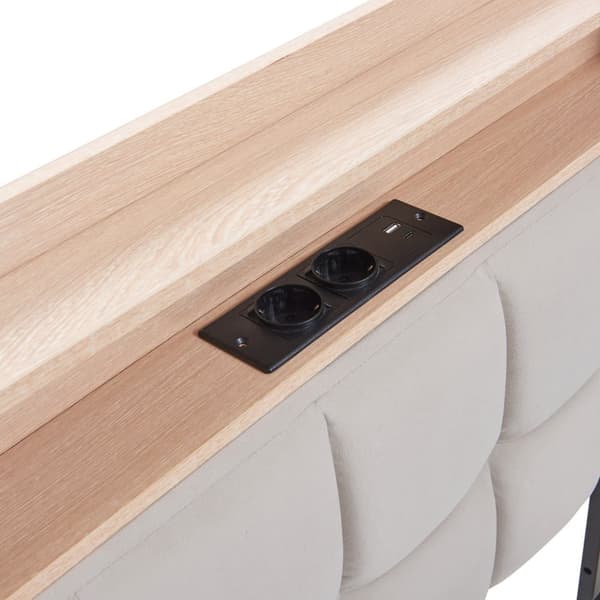 Sovesofa med opbevaring, LED-lyskæde og stikkontakt – Sovesofa med 2 skuffer, USB, Type-C, fjernbetjening RGB-belysning og stabil metalramme – Beige