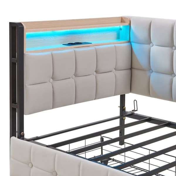 Sovesofa med opbevaring, LED-lyskæde og stikkontakt – Sovesofa med 2 skuffer, USB, Type-C, fjernbetjening RGB-belysning og stabil metalramme – Beige