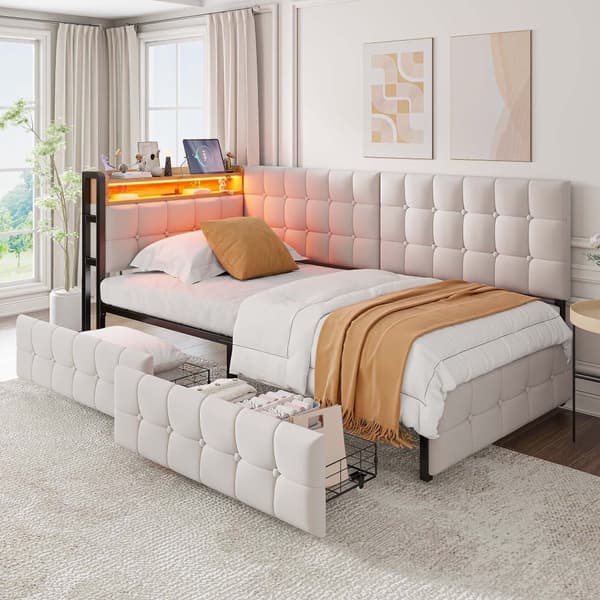 Sovesofa med opbevaring, LED-lyskæde og stikkontakt – Sovesofa med 2 skuffer, USB, Type-C, fjernbetjening RGB-belysning og stabil metalramme – Beige