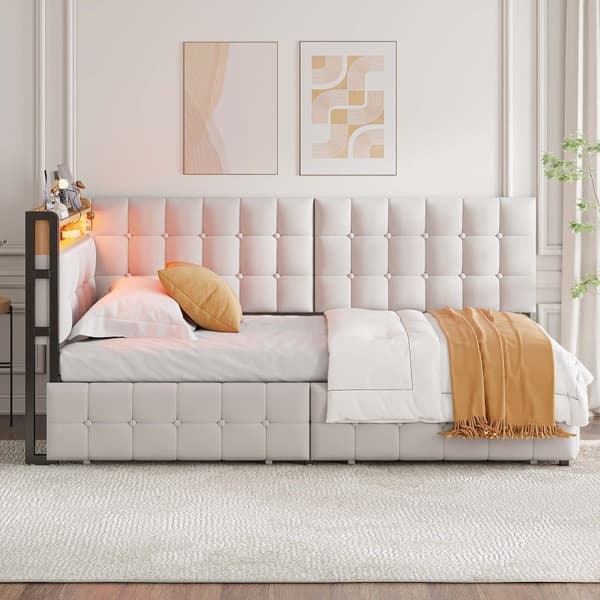 Sovesofa med opbevaring, LED-lyskæde og stikkontakt – Sovesofa med 2 skuffer, USB, Type-C, fjernbetjening RGB-belysning og stabil metalramme – Beige