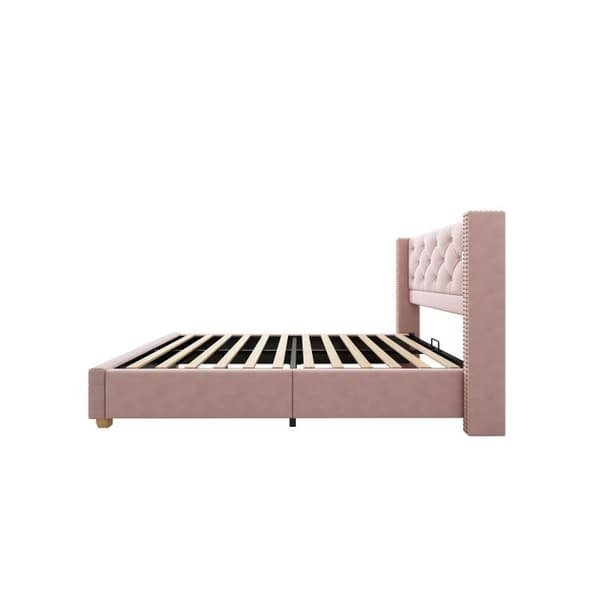 Uppfällbar säng 90*200cm med ribbade sängbotten och huvudgavel, stoppning med knappar, nitar, träben, sammet, Rosa