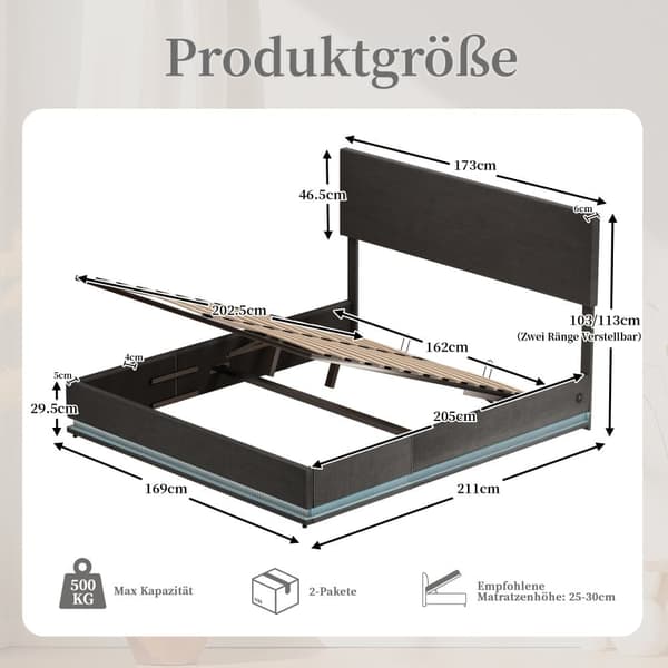 Parivuode 160x200 cm säilytystilalla – LED-samettinen sängynrunko USB-latauksella, sängynpääty ja sängynlaatikot – Tummanharmaa