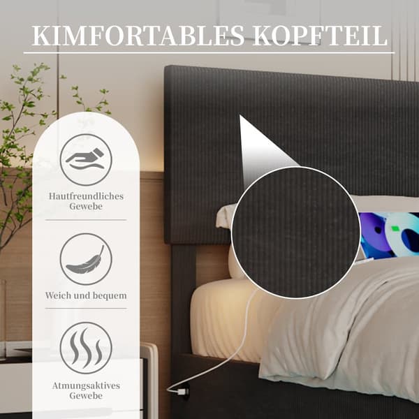 Parivuode 160x200 cm säilytystilalla – LED-samettinen sängynrunko USB-latauksella, sängynpääty ja sängynlaatikot – Tummanharmaa